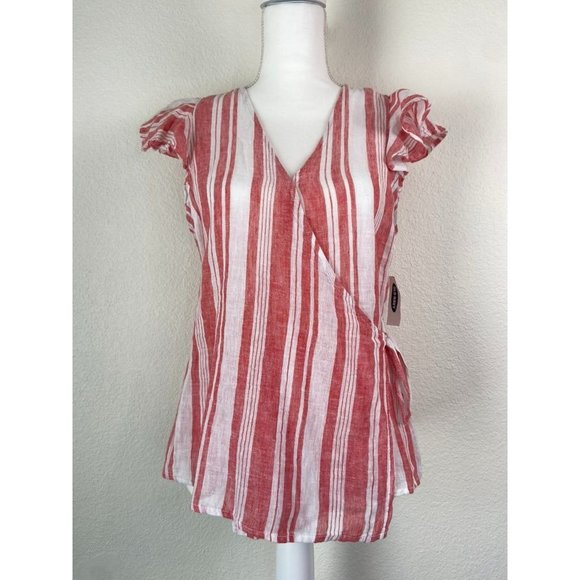 Old Navy women's small red white striped linen blend wrap ruffle‎ cap sleeve top - Picture 1 of 7
